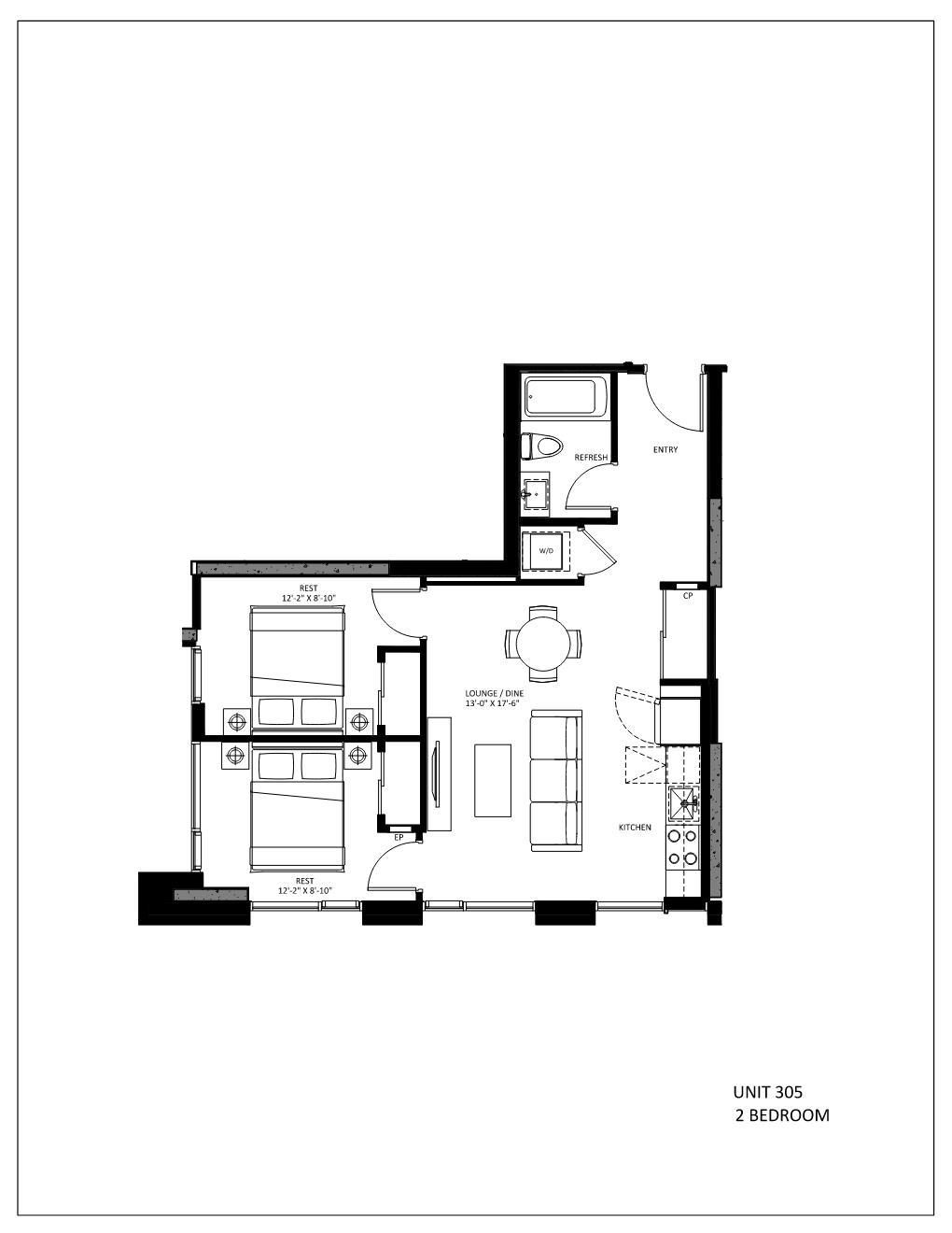 Floor plan for 2 beds, 1 bath, 713 sqft