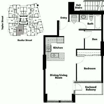 Vancouver apartment for rent - A floor plan of a house with a kitchen, dining/living room, bedroom, and enclosed balcony.