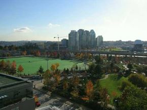 Vancouver apartment for rent - A cityscape with a green field in the foreground and buildings in the background.