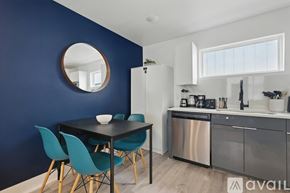 Dallas apartment for rent - A kitchen with blue walls and a round mirror on the wall.