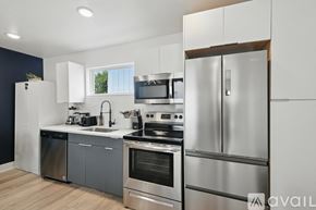 Dallas apartment for rent - A modern kitchen with stainless steel appliances and white cabinets.
