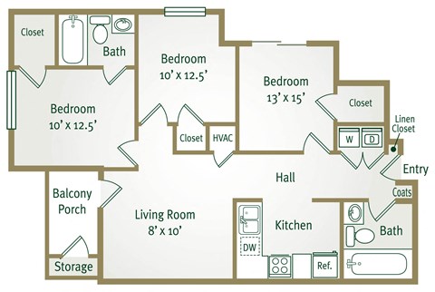 Floor plan for 3 beds, 2 baths, 1100 sqft
