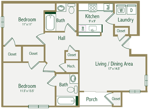Floor plan for 2 beds, 2 baths, 960 sqft