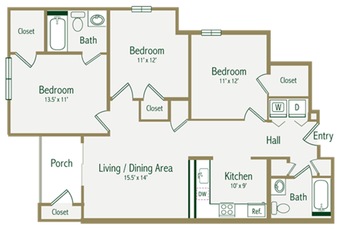 Floor plan for 3 beds, 2 baths, 1100 sqft