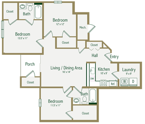 Floor plan for 3 beds, 2 baths, 1100 sqft