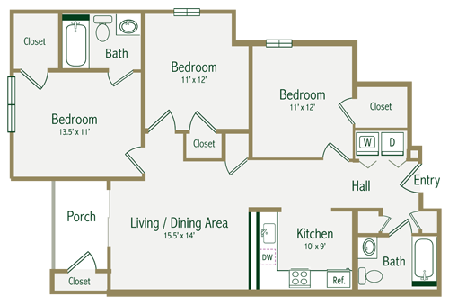 Floor plan for 3 beds, 2 baths, 1100 sqft