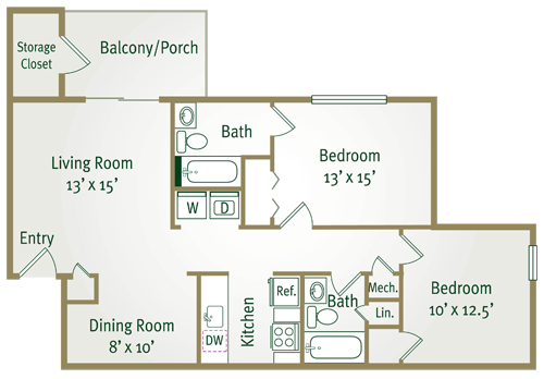 Floor plan for 2 beds, 2 baths, 890 sqft