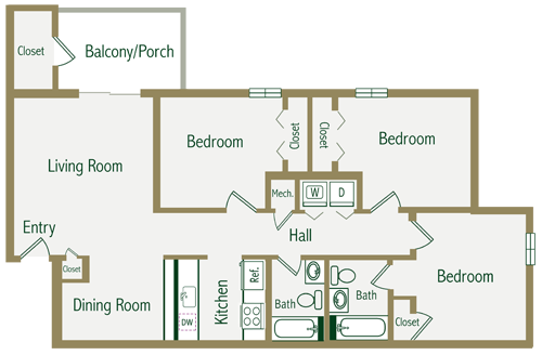 Floor plan for 3 beds, 2 baths, 1000 sqft