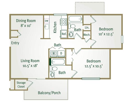 Floor plan for 2 beds, 2 baths, 890 sqft
