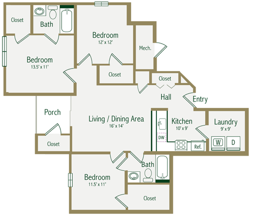 Floor plan for 3 beds, 2 baths, 1100 sqft