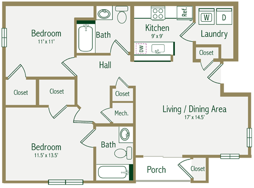 Floor plan for 2 beds, 2 baths, 960 sqft
