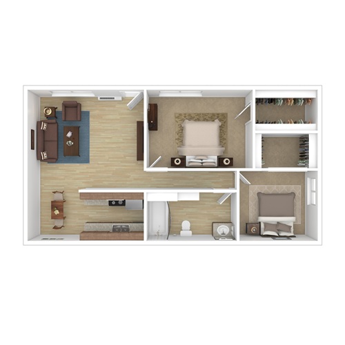 Floor plan for 2 beds, 1 bath, 805 sqft