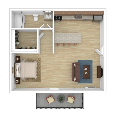 Floor plan for studio, 1 bath, 385 sqft