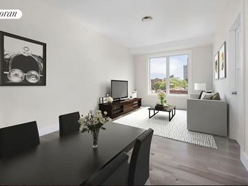 Brooklyn apartment for rent - A black dining table with four chairs and a vase of flowers is in the foreground of a well-lit room with a large window and a grey sofa in the background.