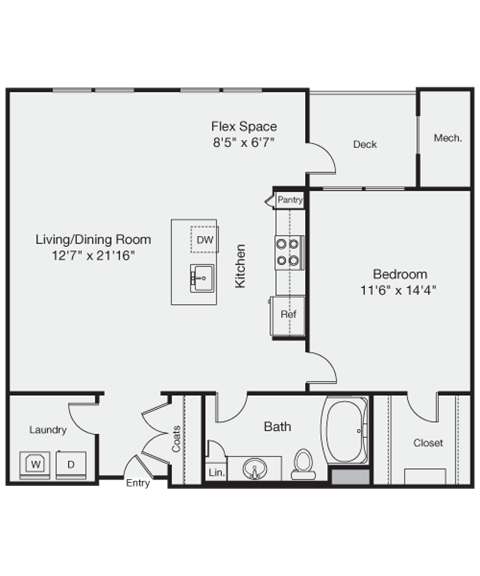 Floor plan for 1 bed, 1 bath, 893 sqft