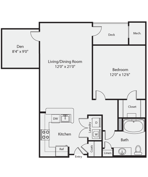 Floor plan for 1 bed, 1 bath, 808 sqft