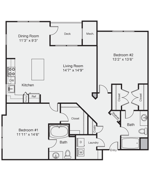 Floor plan for 2 beds, 2 baths, 1268 sqft