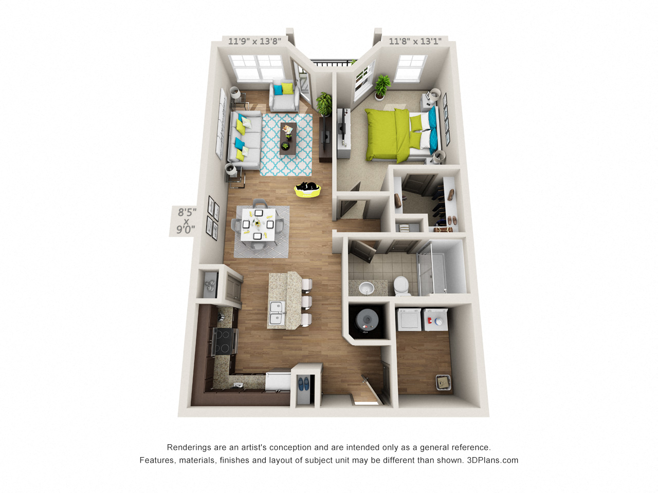 Floor plan for 1 bed, 1 bath, 872 sqft