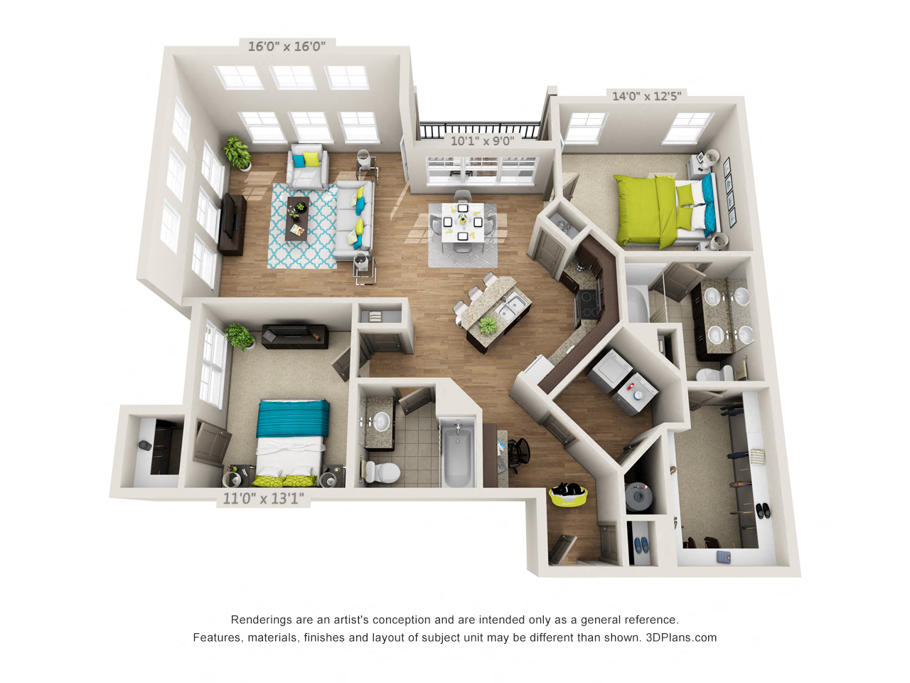 Floor plan for 2 beds, 2 baths, 1377 sqft