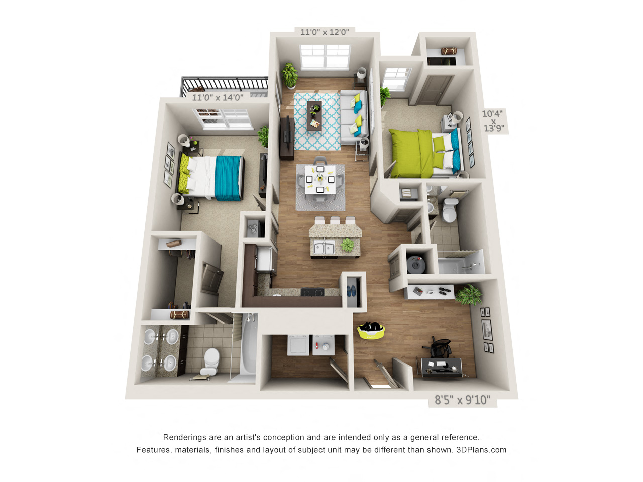 Floor plan for 2 beds, 2 baths, 1200 sqft