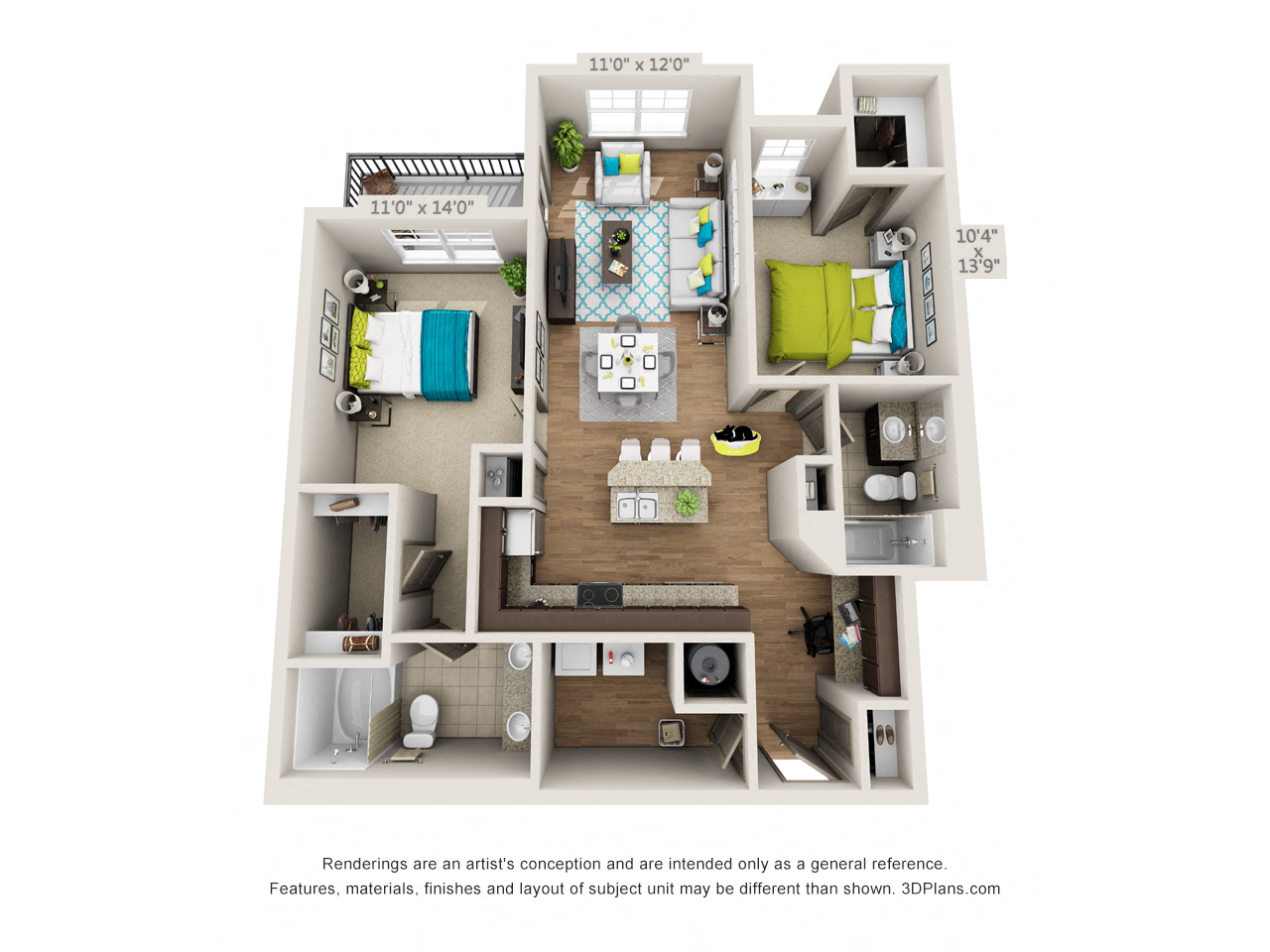 Floor plan for 2 beds, 2 baths, 1165 sqft