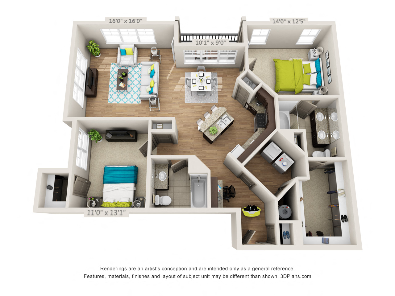 Floor plan for 2 beds, 2 baths, 1377 sqft