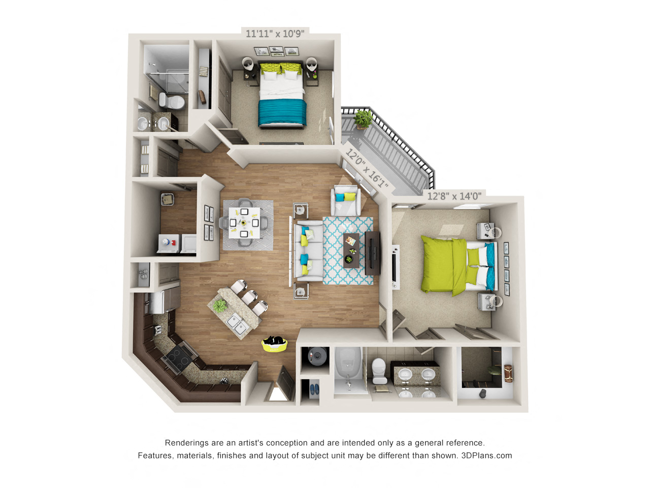 Floor plan for 2 beds, 2 baths, 1223 sqft