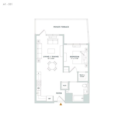 Floor plan for 1 bed, 1 bath, 692 sqft