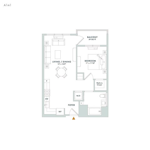 Floor plan for 1 bed, 1 bath, 691 sqft