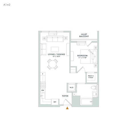 Floor plan for 1 bed, 1 bath, 691 sqft