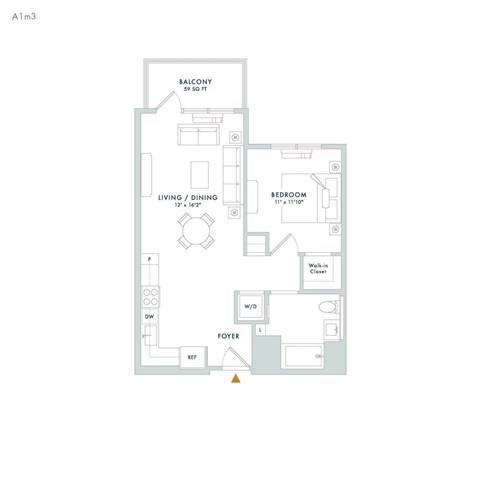 Floor plan for 1 bed, 1 bath, 682 sqft