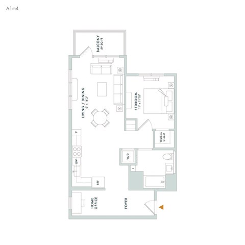 Floor plan for 1 bed, 1 bath, 777 sqft