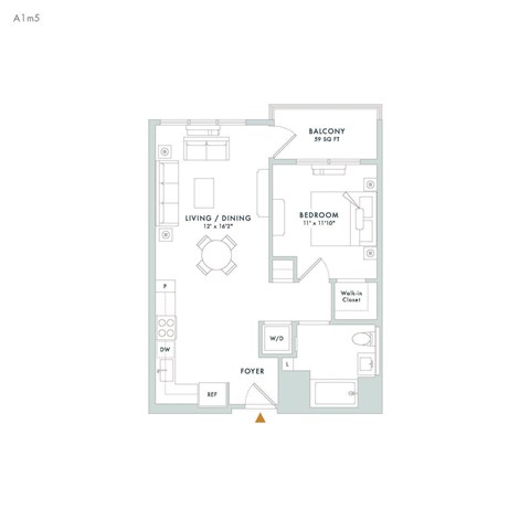Floor plan for 1 bed, 1 bath, 691 sqft
