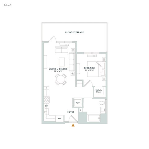 Floor plan for 1 bed, 1 bath, 682 sqft
