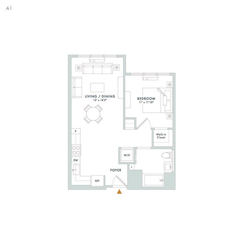 Floor plan for 1 bed, 1 bath, 692 sqft