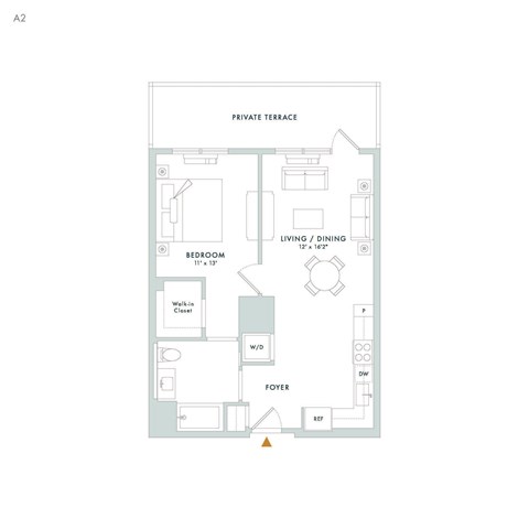 Floor plan for 1 bed, 1 bath, 738 sqft