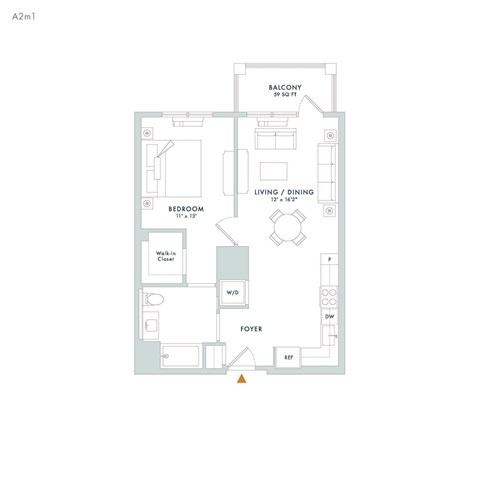 Floor plan for 1 bed, 1 bath, 738 sqft