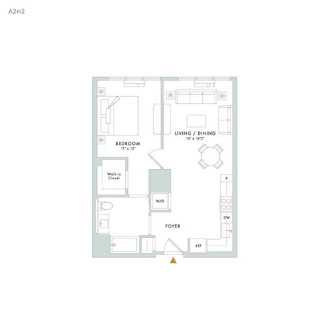 Floor plan for 1 bed, 1 bath, 729 sqft