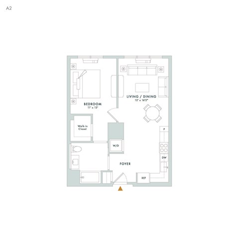 Floor plan for 1 bed, 1 bath, 738 sqft