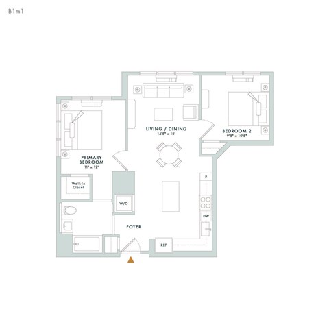 Floor plan for 2 beds, 1 bath, 878 sqft