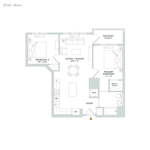 Floor plan for 2 beds, 1 bath, 878 sqft