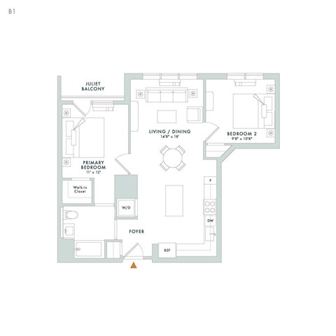Floor plan for 2 beds, 1 bath, 878 sqft