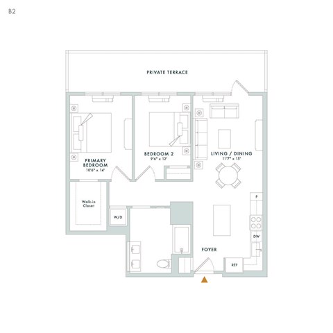 Floor plan for 2 beds, 1 bath, 948 sqft