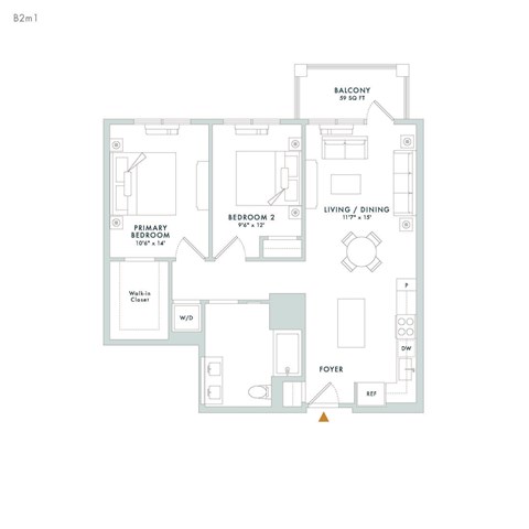 Floor plan for 2 beds, 1 bath, 948 sqft