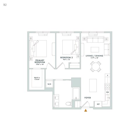 Floor plan for 2 beds, 1 bath, 948 sqft