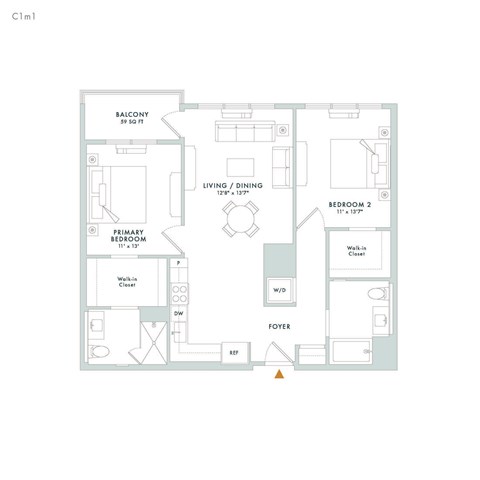 Floor plan for 2 beds, 2 baths, 1051 sqft