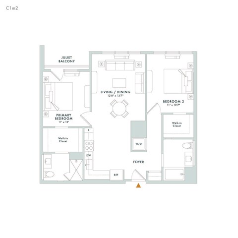 Floor plan for 2 beds, 2 baths, 1050 sqft