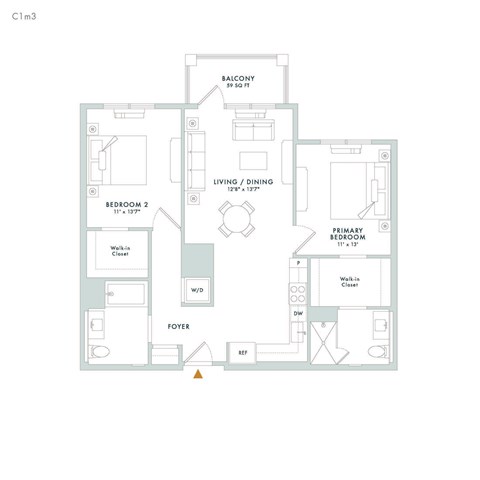 Floor plan for 2 beds, 2 baths, 1062 sqft
