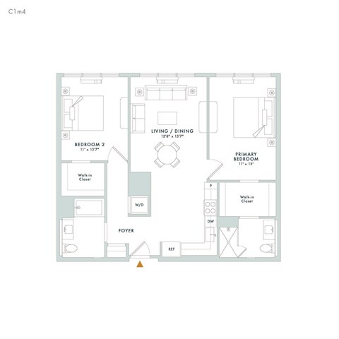 Floor plan for 2 beds, 2 baths, 1109 sqft