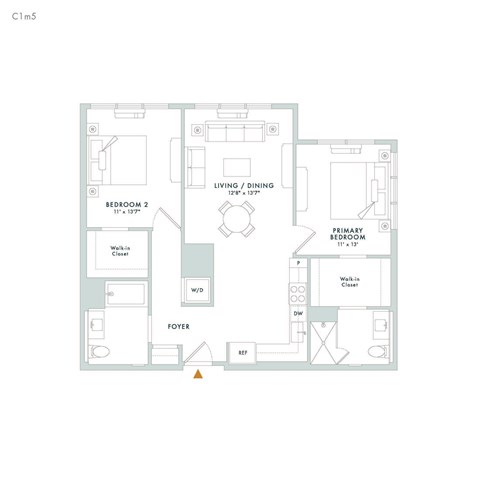 Floor plan for 2 beds, 2 baths, 1052 sqft